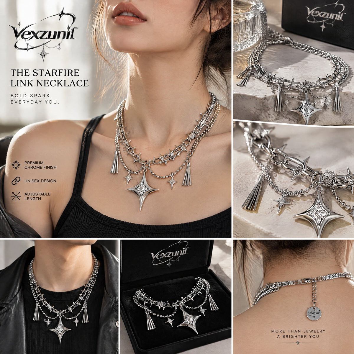 𝒗𝒆𝒙𝒛𝒖𝒏𝒊𝒍™ Starfire Layered Link Necklace with Celestial Charms — view 2