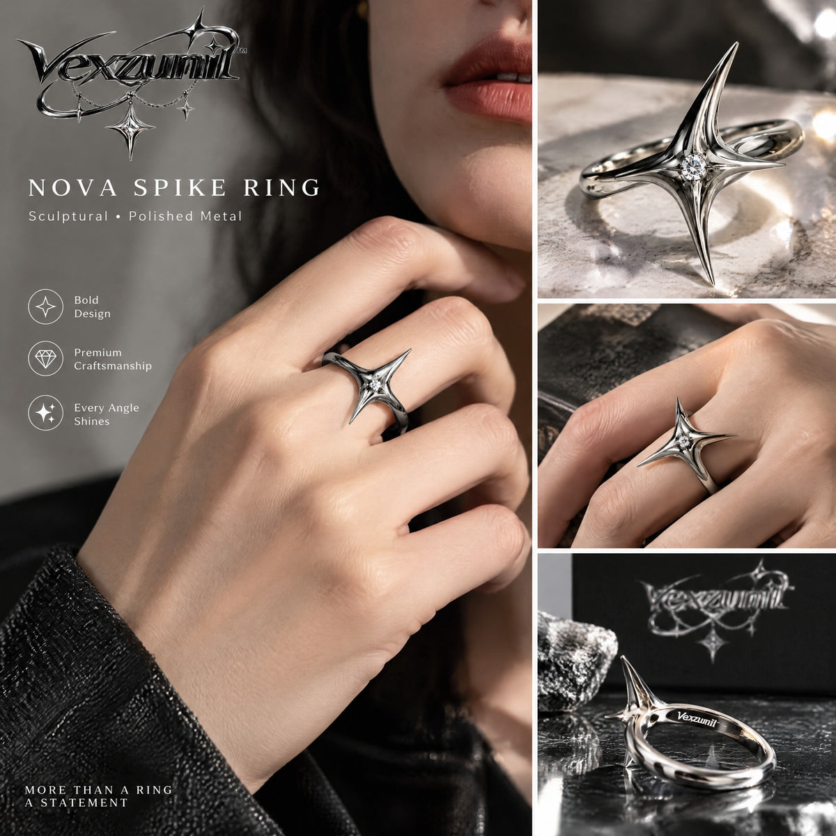𝒗𝒆𝒙𝒛𝒖𝒏𝒊𝒍™ Nova Spike Sculptural Star Ring — view 2