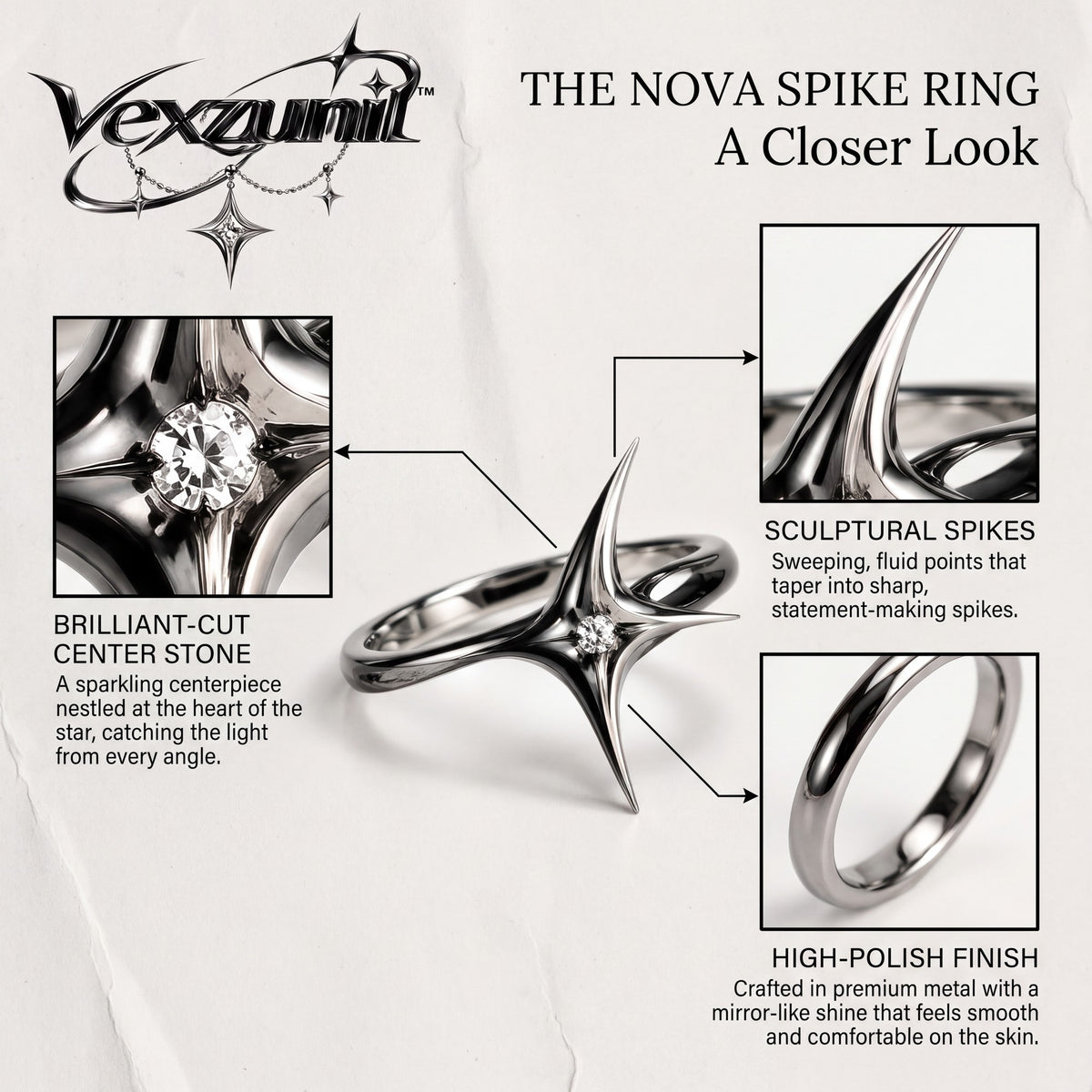 𝒗𝒆𝒙𝒛𝒖𝒏𝒊𝒍™ Nova Spike Sculptural Star Ring — view 4