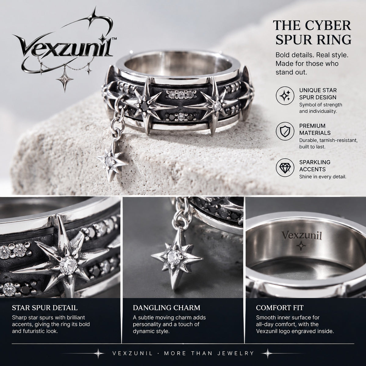 𝒗𝒆𝒙𝒛𝒖𝒏𝒊𝒍™ Cyber Spur Ring with Hanging Star Charm — view 4