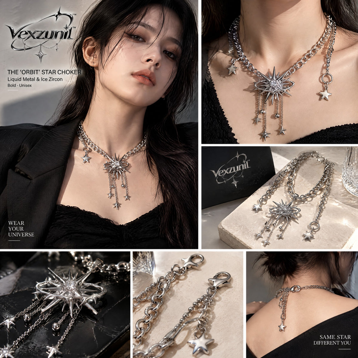 𝒗𝒆𝒙𝒛𝒖𝒏𝒊𝒍™ Orbit Star Choker with Multi-Chain Drops — view 2