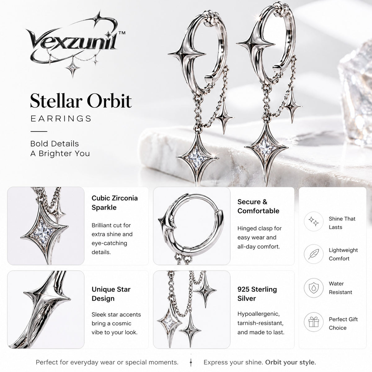 𝒗𝒆𝒙𝒛𝒖𝒏𝒊𝒍™ Stellar Orbit Hoop Earrings with Star Drops — view 1