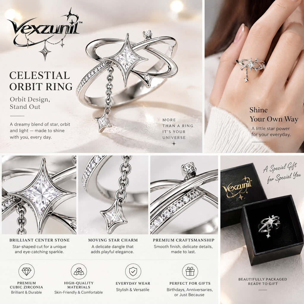 𝒗𝒆𝒙𝒛𝒖𝒏𝒊𝒍™ Celestial Orbit Openwork Ring with Star Charm — view 4