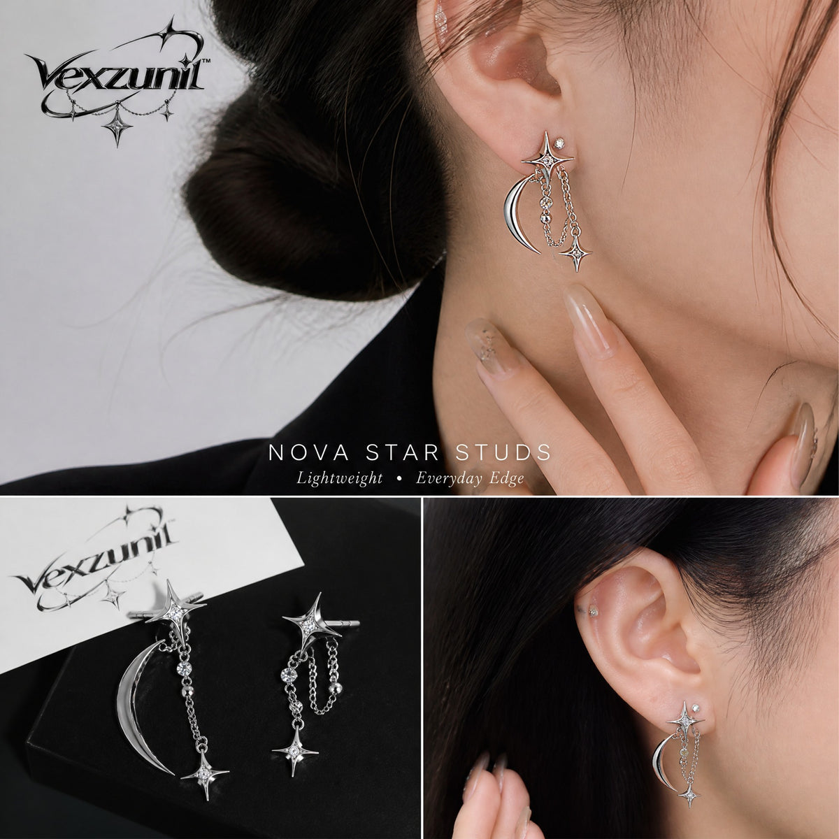 𝒗𝒆𝒙𝒛𝒖𝒏𝒊𝒍™ Nova Star Stud Earrings with Crescent Drops — view 2