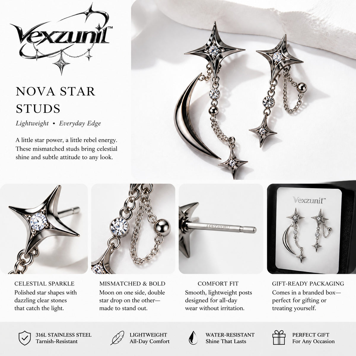 𝒗𝒆𝒙𝒛𝒖𝒏𝒊𝒍™ Nova Star Stud Earrings with Crescent Drops — view 4