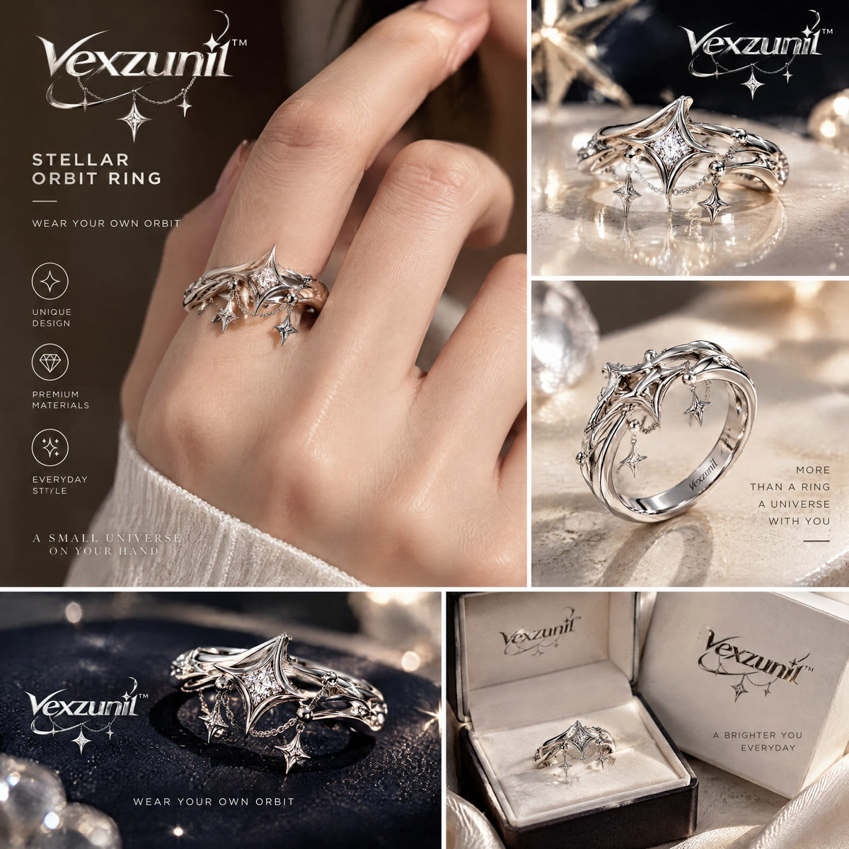 𝒗𝒆𝒙𝒛𝒖𝒏𝒊𝒍™ Stellar Orbit Ring with Draped Star Charms — view 2