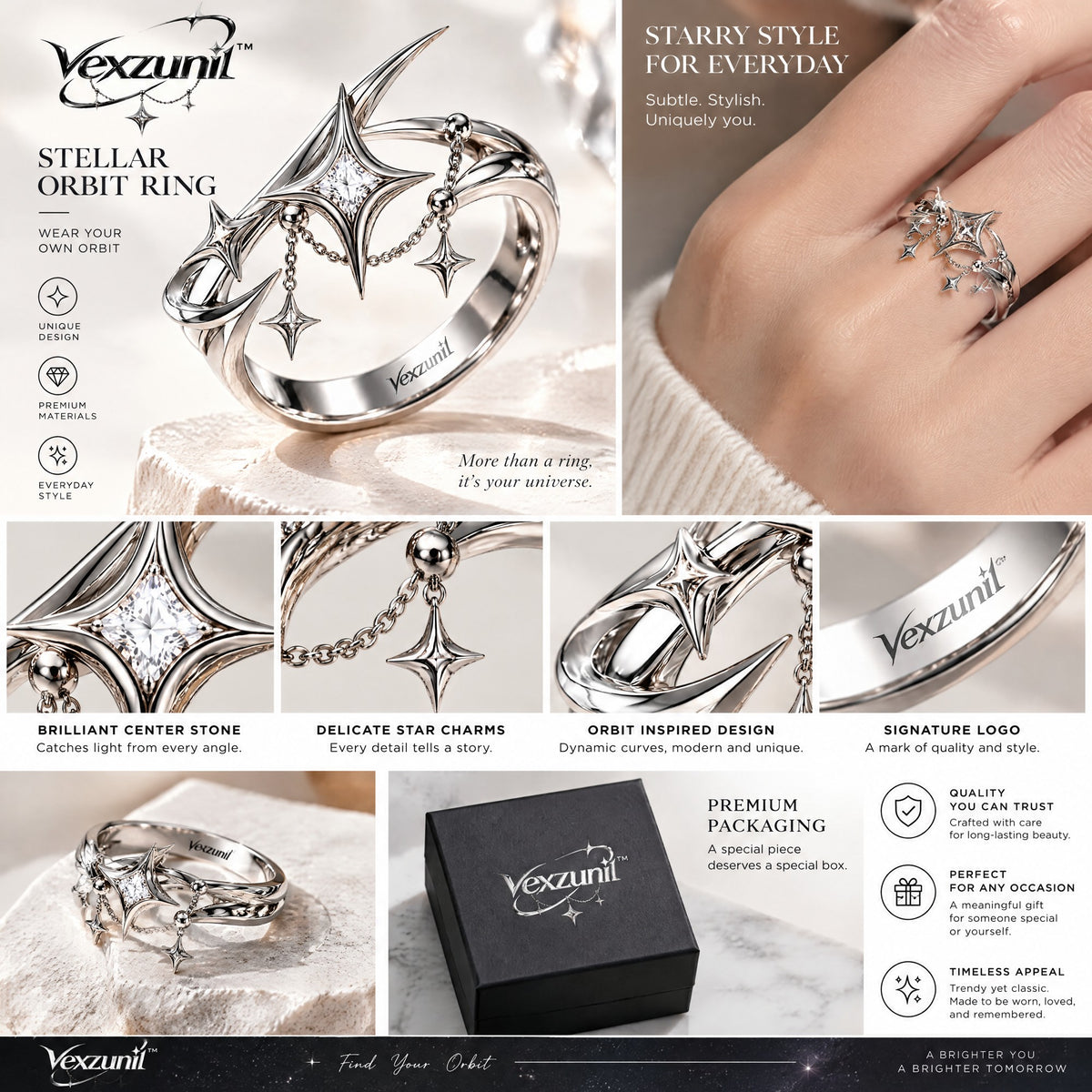 𝒗𝒆𝒙𝒛𝒖𝒏𝒊𝒍™ Stellar Orbit Ring with Draped Star Charms — view 4