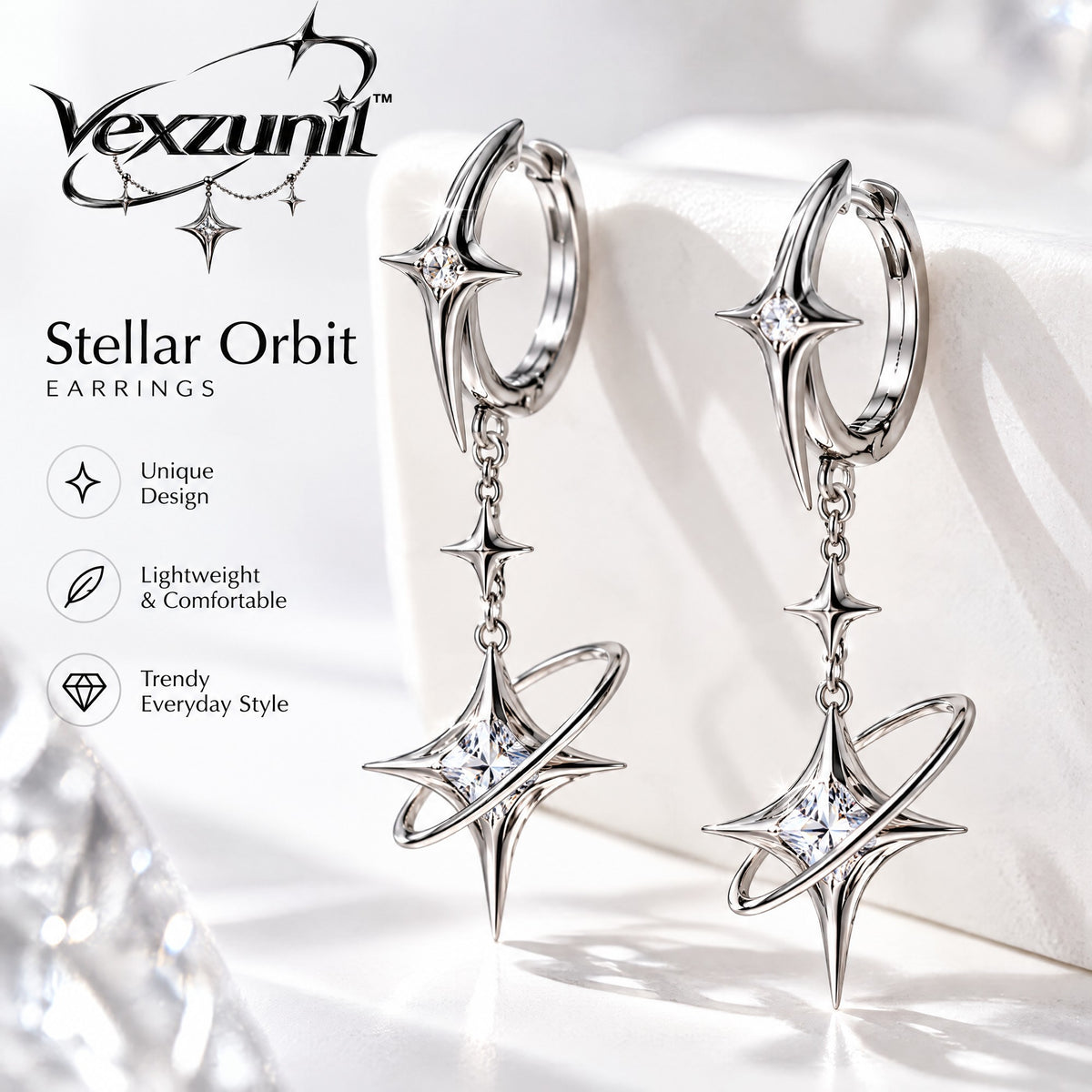 𝒗𝒆𝒙𝒛𝒖𝒏𝒊𝒍™ Stellar Orbit Hoop Earrings with Sculptural Star Pendants — view 1
