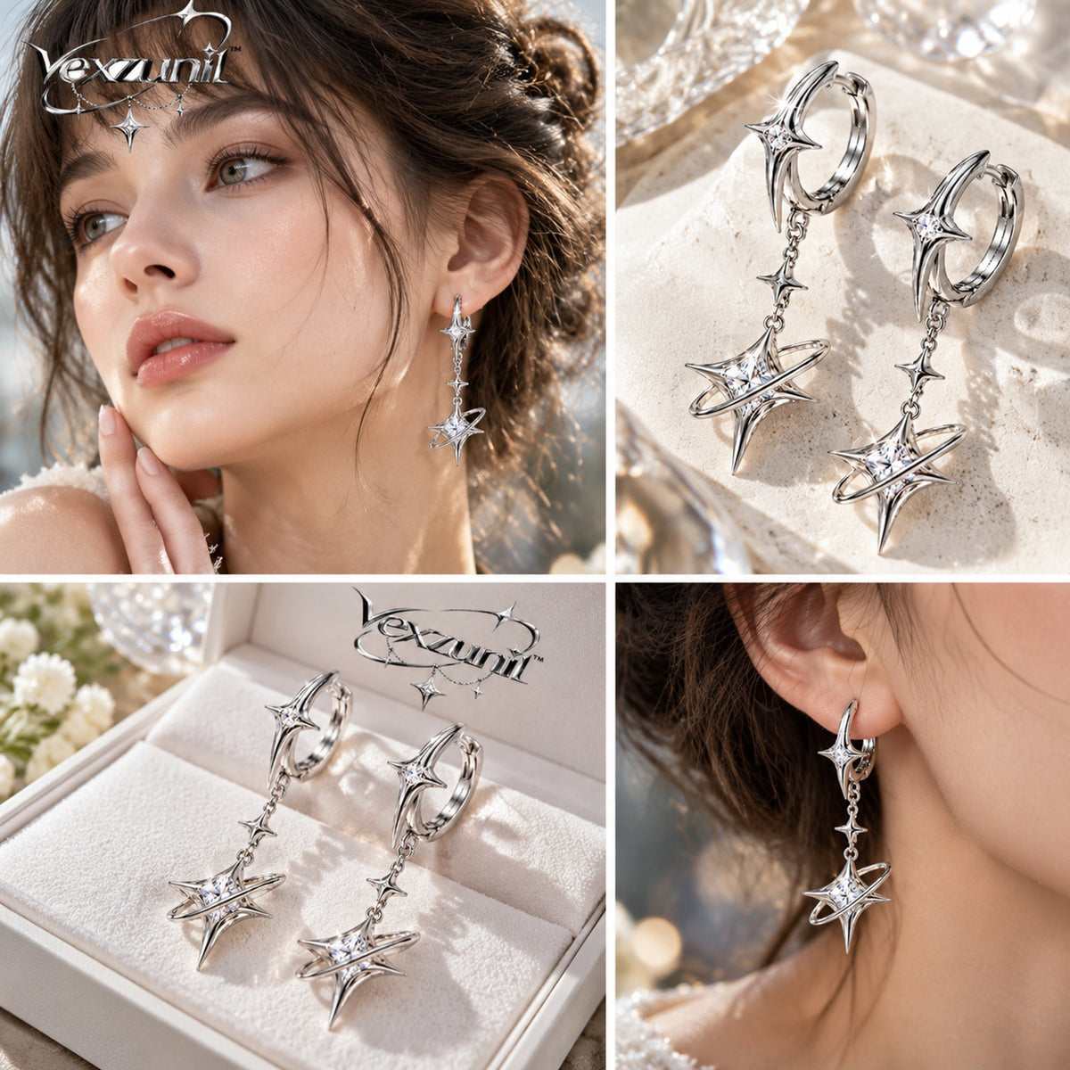 𝒗𝒆𝒙𝒛𝒖𝒏𝒊𝒍™ Stellar Orbit Hoop Earrings with Sculptural Star Pendants — view 2