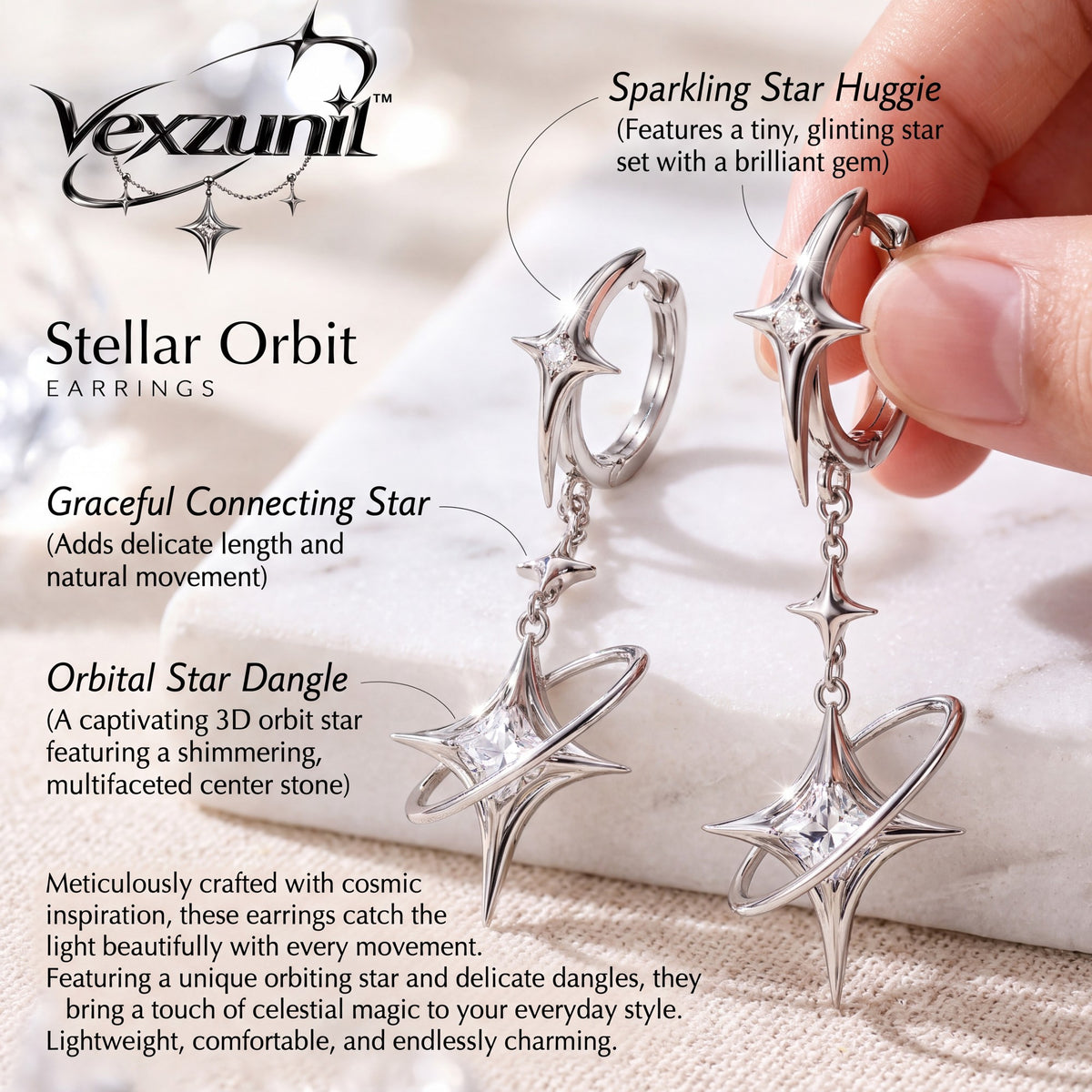 𝒗𝒆𝒙𝒛𝒖𝒏𝒊𝒍™ Stellar Orbit Hoop Earrings with Sculptural Star Pendants — view 3
