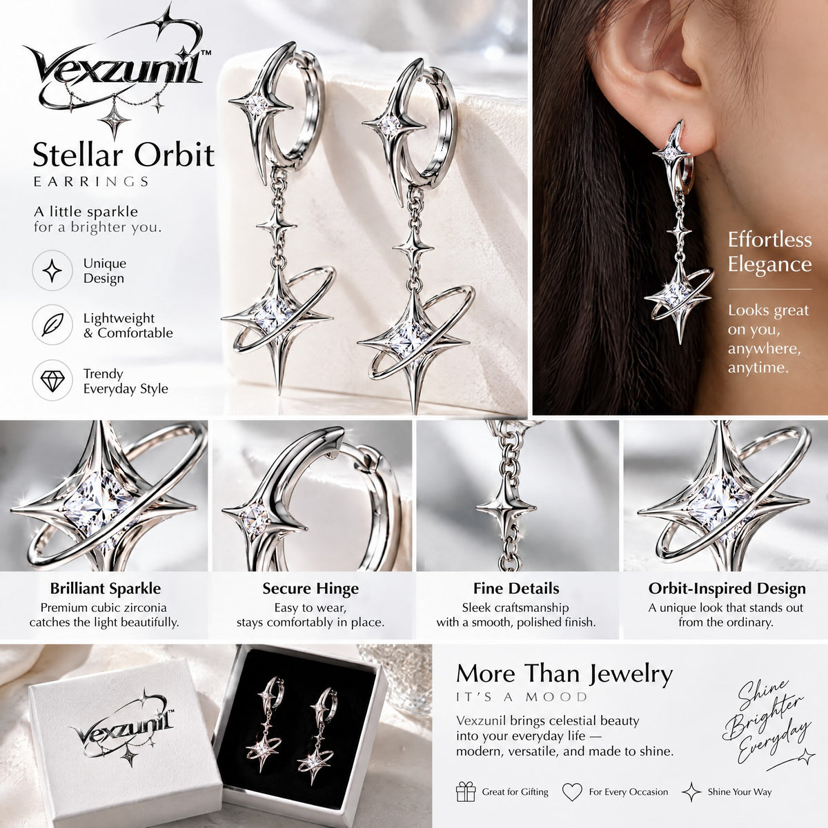 𝒗𝒆𝒙𝒛𝒖𝒏𝒊𝒍™ Stellar Orbit Hoop Earrings with Sculptural Star Pendants — view 4
