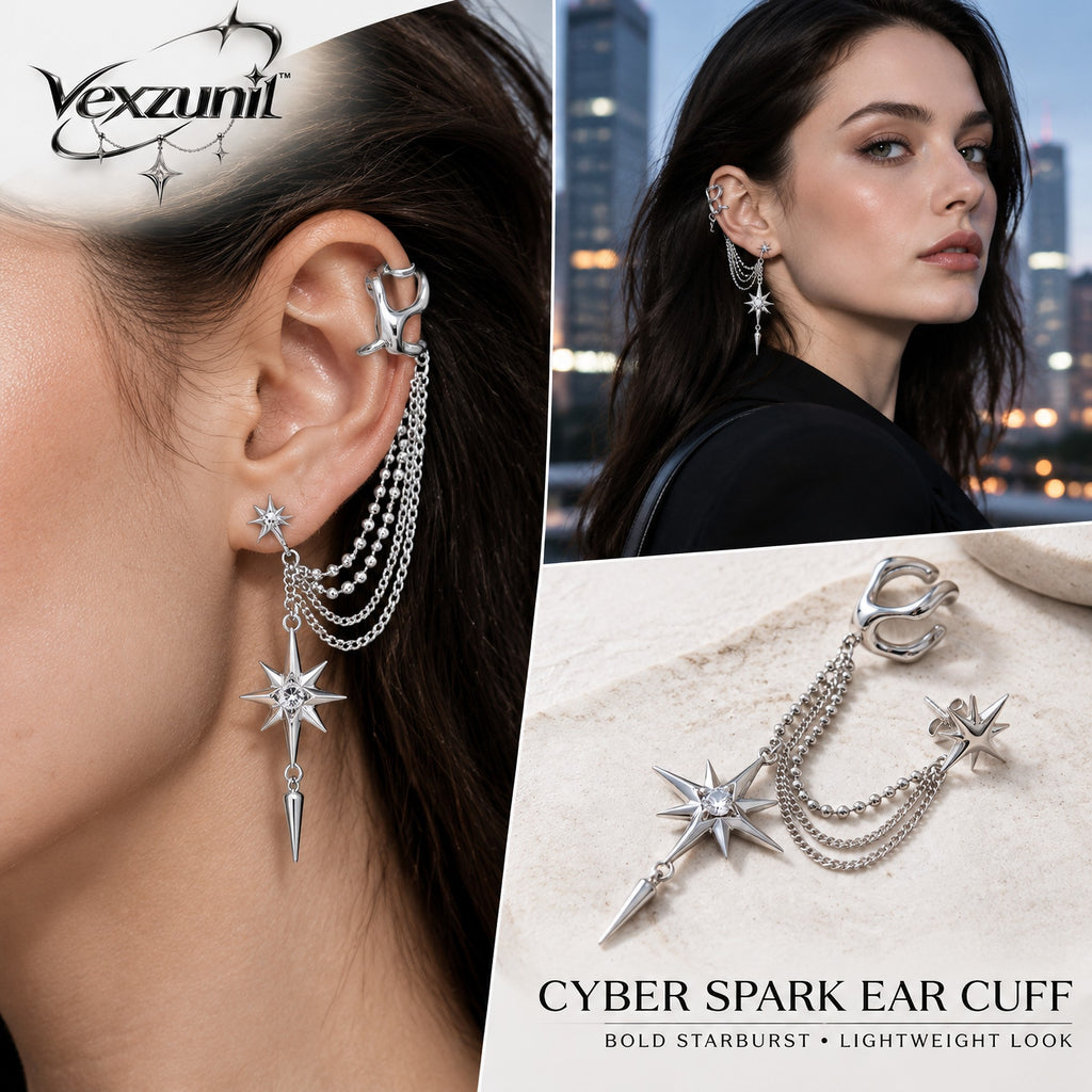 𝒗𝒆𝒙𝒛𝒖𝒏𝒊𝒍™ Cyber Spark Ear Cuff with Layered Starburst Chains — view 1