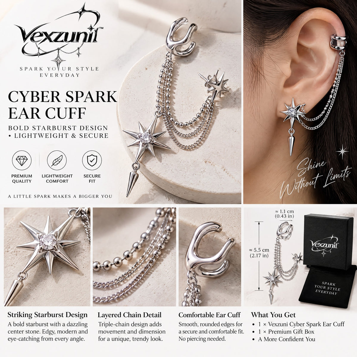 𝒗𝒆𝒙𝒛𝒖𝒏𝒊𝒍™ Cyber Spark Ear Cuff with Layered Starburst Chains — view 2