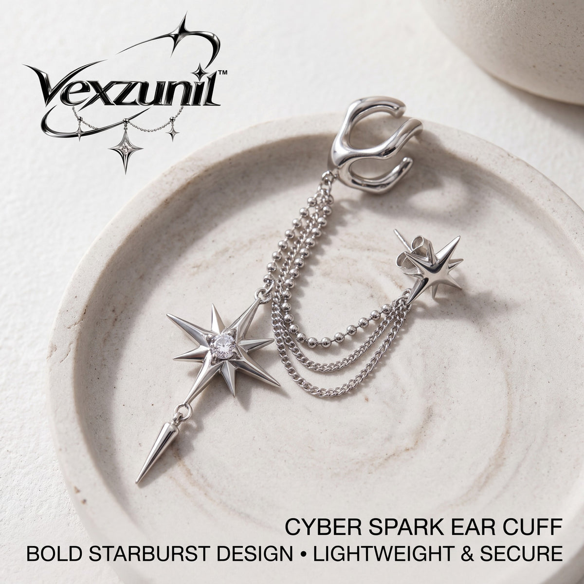 𝒗𝒆𝒙𝒛𝒖𝒏𝒊𝒍™ Cyber Spark Ear Cuff with Layered Starburst Chains — view 4