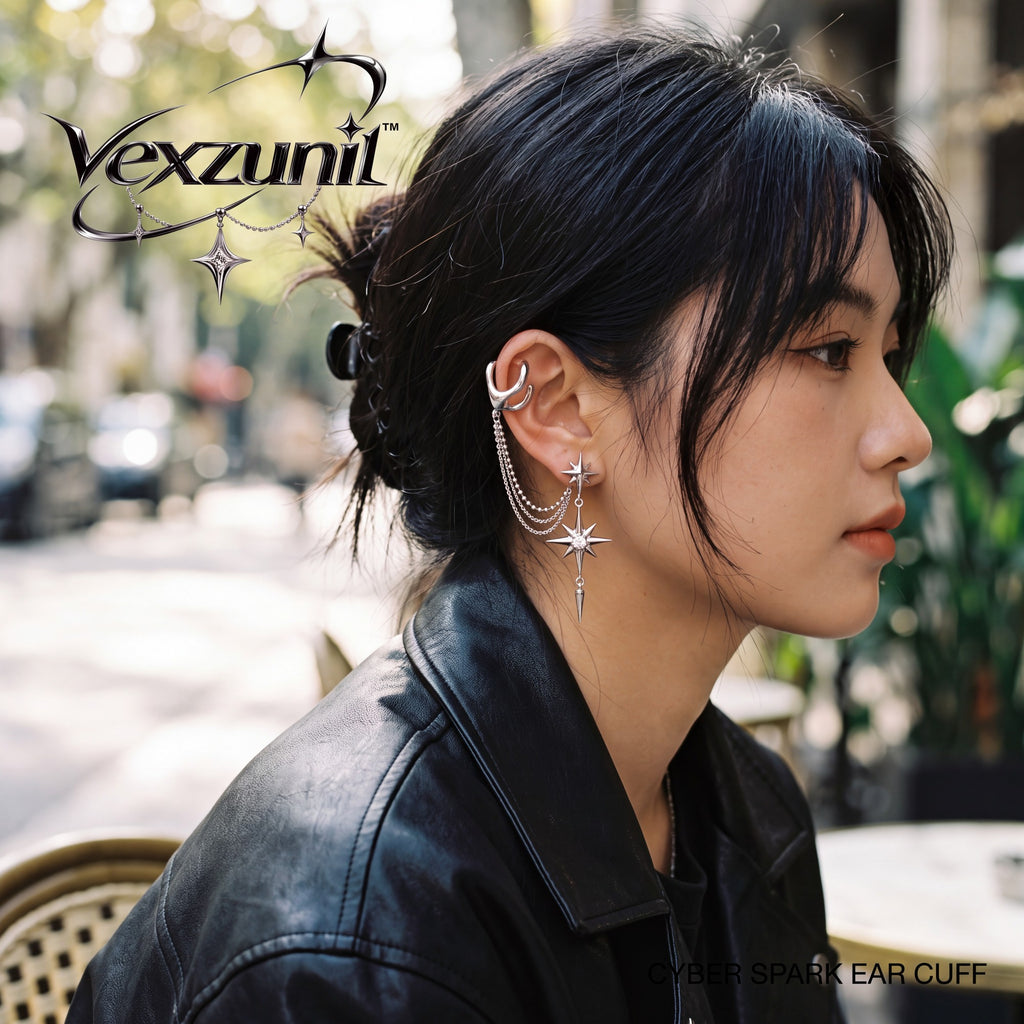 𝒗𝒆𝒙𝒛𝒖𝒏𝒊𝒍™ Cyber Spark Ear Cuff with Layered Starburst Chains — view 5